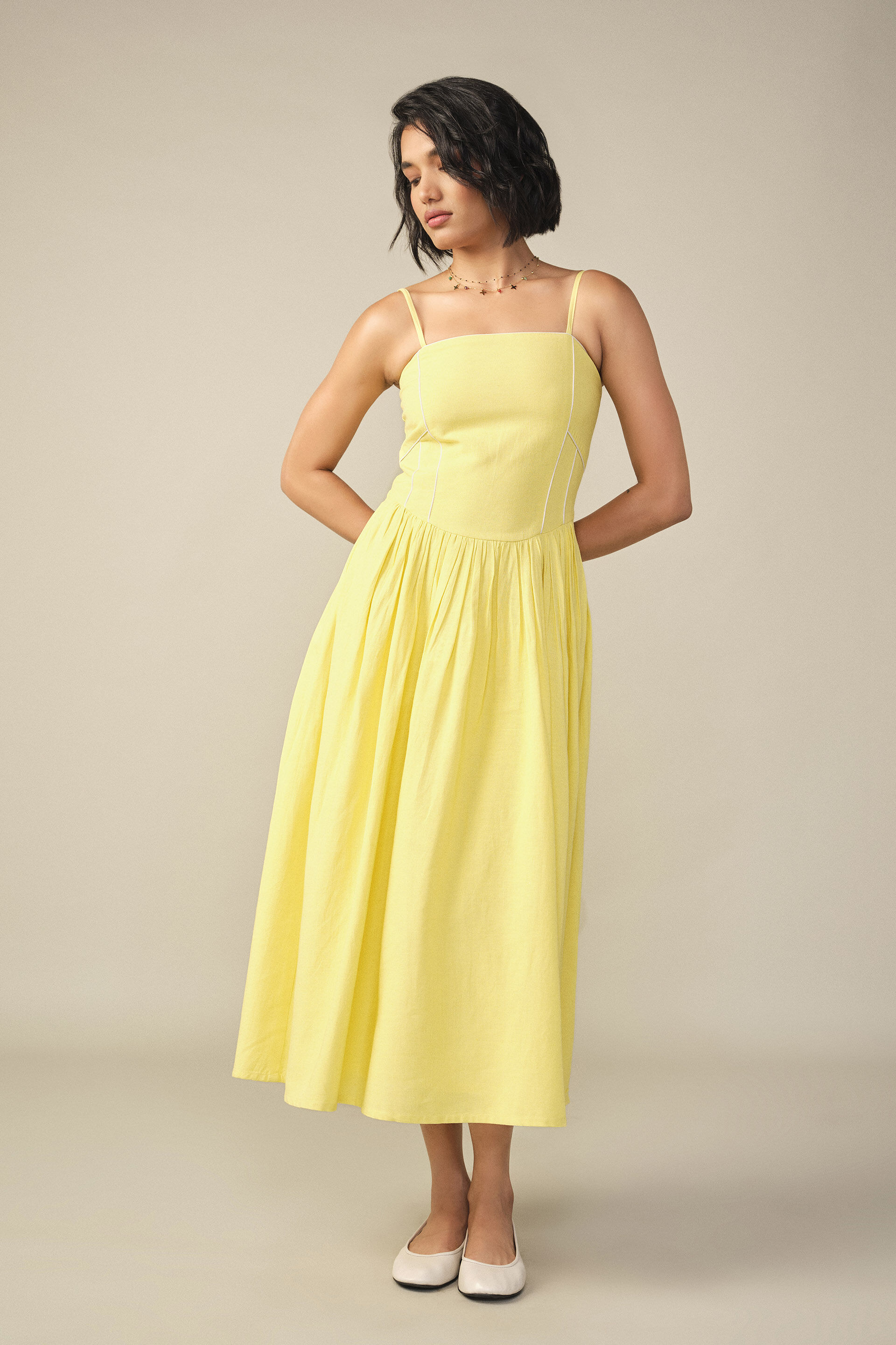 Drop Waist Midi Dress in Yellow, Yellow, image 2